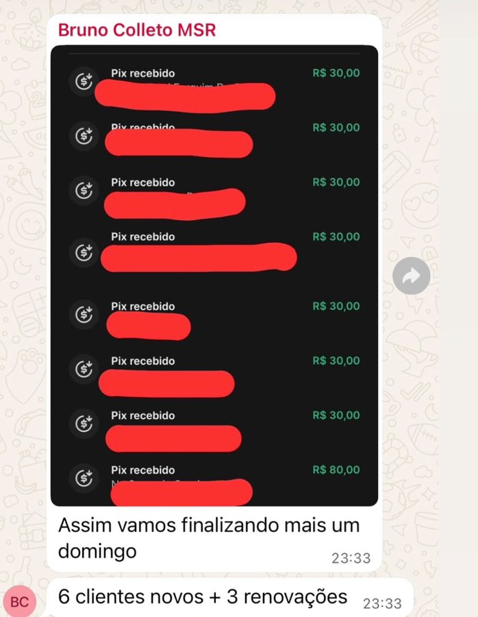 Pix recebido, clientes novos e renovações